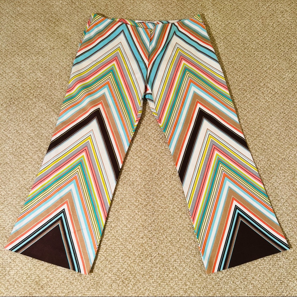 Trina Turk Cropped Linen Blend Pants 8 Chevron colorful pink brown blue 70s